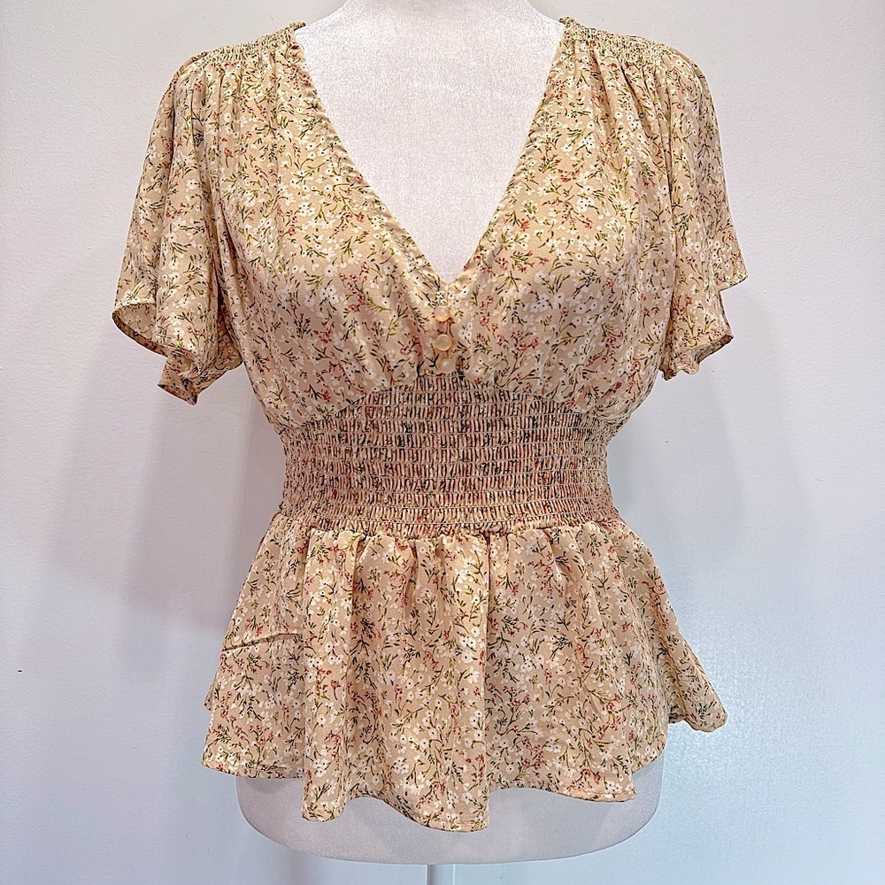 Boho Dainty Floral Low V Neck Smocked Waist Flutter Sleeve Blouse Feminine Large